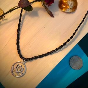 Handmade Braided Leather and Silver Lotus Boho Necklace